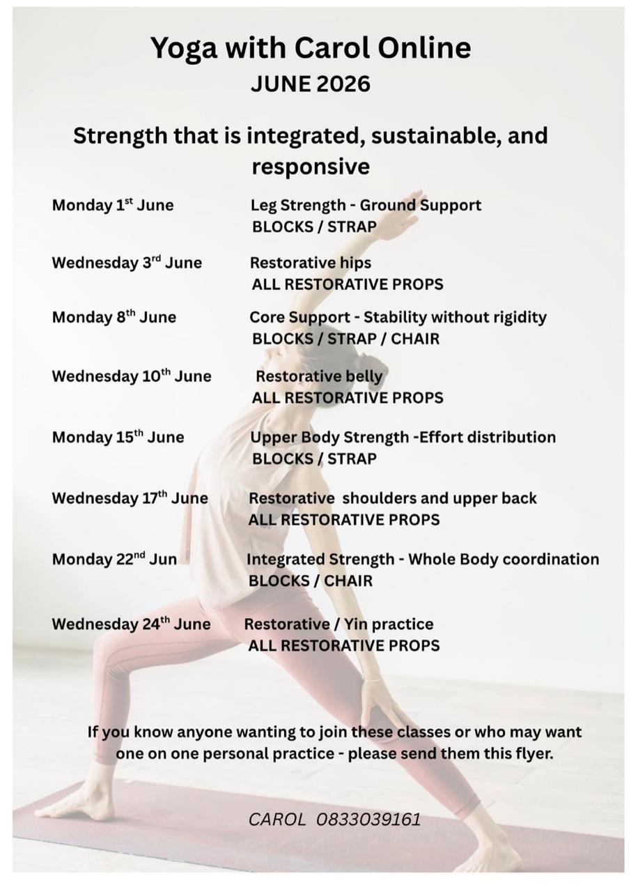 Yoga with Carol Online — June 2026 schedule: strength that is integrated, sustainable, and responsive